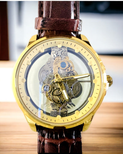 Herenhorloge met Transparant Mechanisme - Elegant en Nauwkeurig in Gouden Behuizing