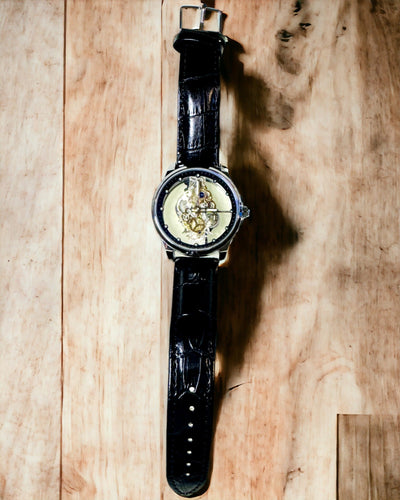 Men's Quartz Watch with Transparent Dial - Classic Elegance in a Modern Edition black strap. Personalization with engraving