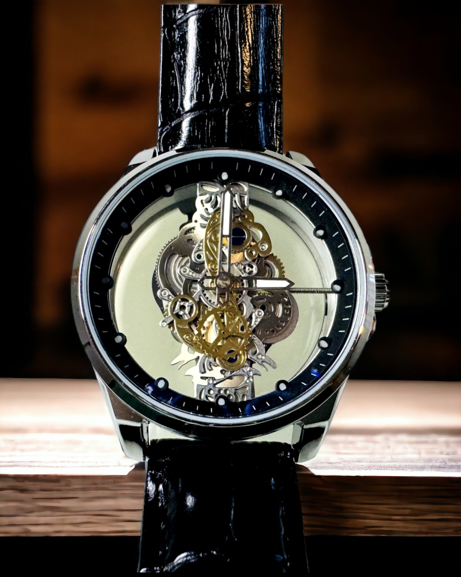 Montre Homme Quartz avec Cadran Transparent - Élégance Classique dans une Version Moderne bracelet noir. Personnalisation par gravure