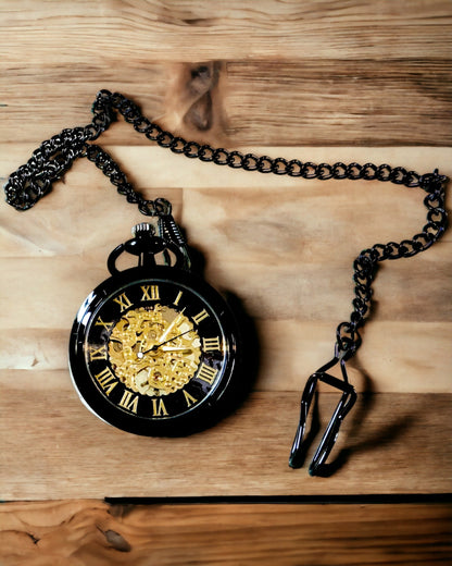 Mechanische Retro Stijl Zakhorloge, Waterdicht, Semi-automatisch - kleur Zwart - Perfect als Cadeau, gravure