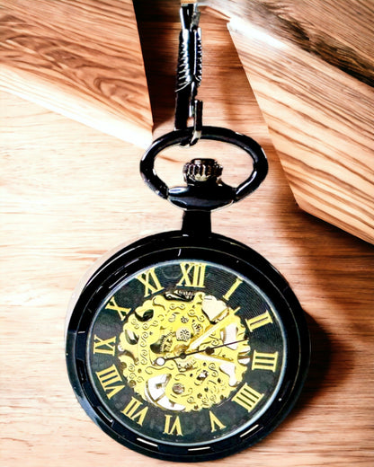 Mechanische Retro Stijl Zakhorloge, Waterdicht, Semi-automatisch - kleur Zwart - Perfect als Cadeau, gravure