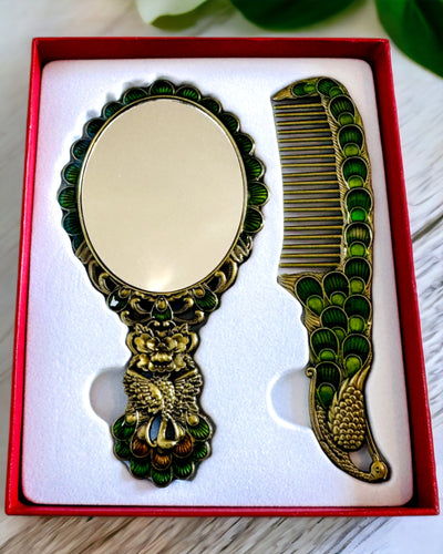 Ensemble Vintage avec Miroir et Peigne au Motif de Paon - Accessoires Cosmétiques Décoratifs