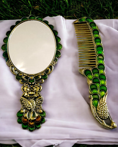 Ensemble Vintage avec Miroir et Peigne au Motif de Paon - Accessoires Cosmétiques Décoratifs