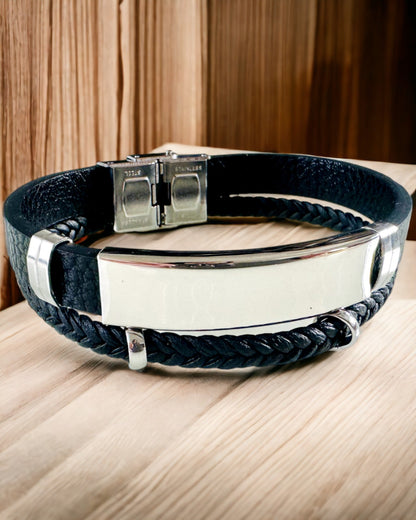 Herenarmband van PU-leer en roestvrij staal met graveermogelijkheid – Verkrijgbaar in twee kleuropties
