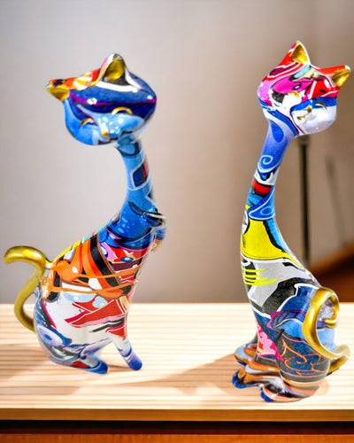 Abstracte Kattenbeeldjes "ArtCats", Handgeschilderd, Hars – 25 cm, 2 stuks.