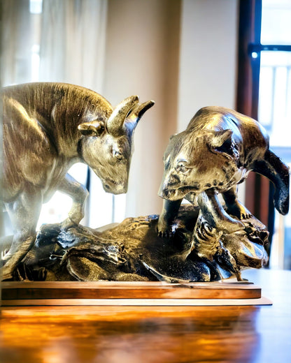 Skulptur "Zwei Rivalen" - Bulle und Bär - Symbolik des Finanzmarktes, Gravurmöglichkeit - Farbe Kupfer