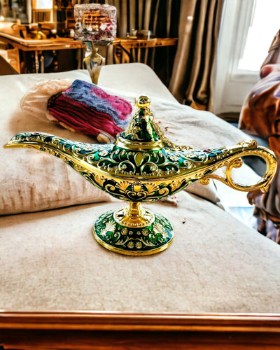 Magic Aladdin Lamp with Engraving Option - Dark Green Variant, interwoven with gold