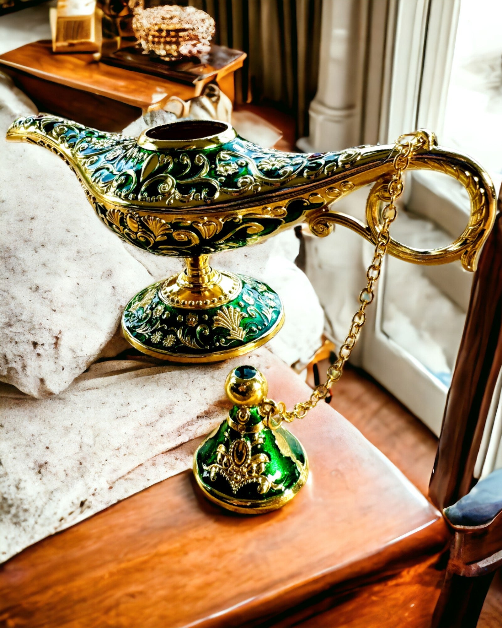 Magische Lamp van Aladdin met Graveeroptie - Variant Donkergroen, verweven met goud