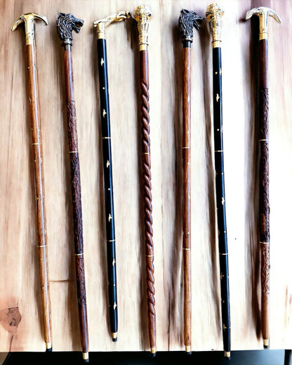 Walking Cane 'Wolf' - Indian Mango Wood with Engraving Option, brown with golden embellishments