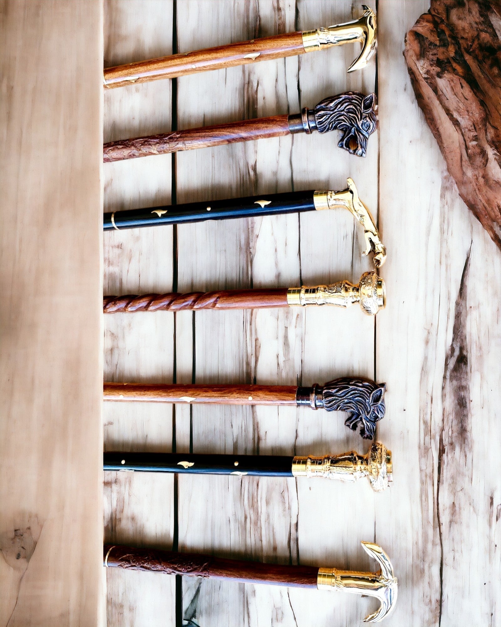 Walking Cane 'Wolf' - Indian Mango Wood with Engraving Option, brown with golden embellishments