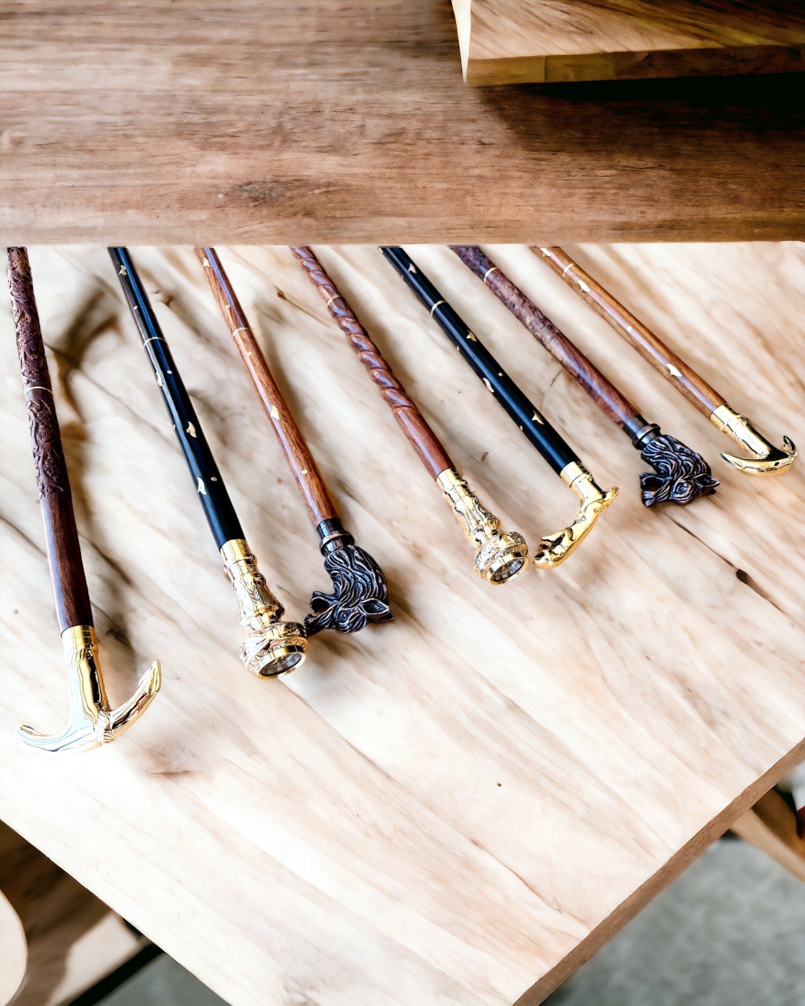 Walking Cane 'Wolf' - Indian Mango Wood with Engraving Option, brown with golden embellishments