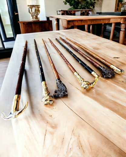 Walking Cane 'Wolf' - Indian Mango Wood with Engraving Option, brown with golden embellishments