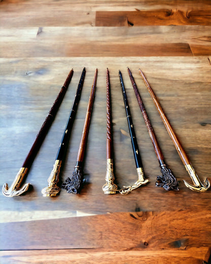 Walking Cane 'Wolf' - Indian Mango Wood with Engraving Option, brown with golden embellishments