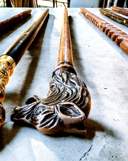 Walking Cane 'Wolf' - Indian Mango Wood with Engraving Option, brown with golden embellishments