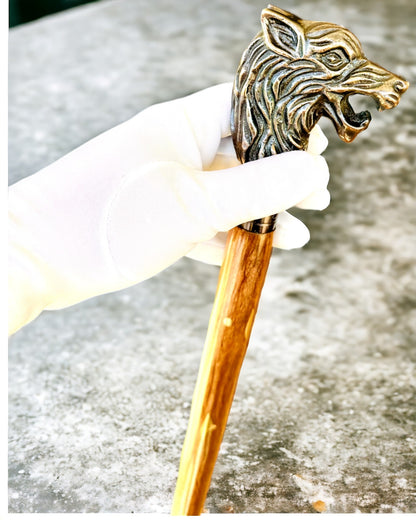Walking Cane 'Wolf' - Indian Mango Wood with Engraving Option, brown with golden embellishments