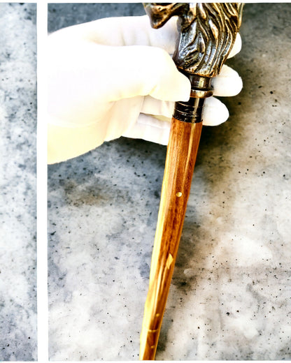 Walking Cane 'Wolf' - Indian Mango Wood with Engraving Option, brown with golden embellishments