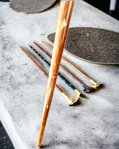 Walking Cane 'Wolf' - Indian Mango Wood with Engraving Option, brown with golden embellishments