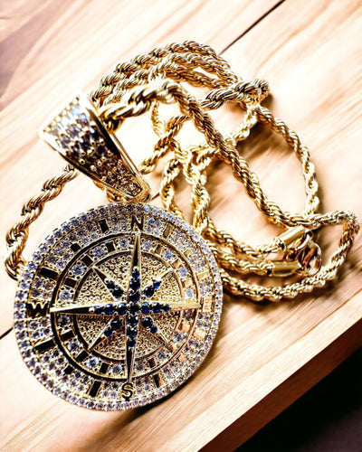 Glamour Stijl Kompas Hanger Ketting met Zirkonia voor Vrouwen en Mannen - gouden kleur, gravure