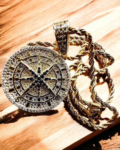 Glamour Stijl Kompas Hanger Ketting met Zirkonia voor Vrouwen en Mannen - gouden kleur, gravure