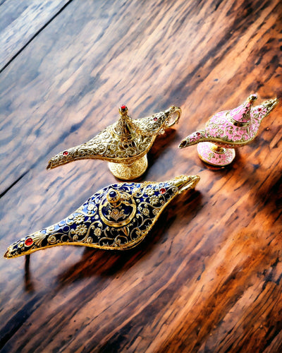 Magische Lamp van Aladdin met Graveeroptie - Donkerblauwe Variant, verweven met goud