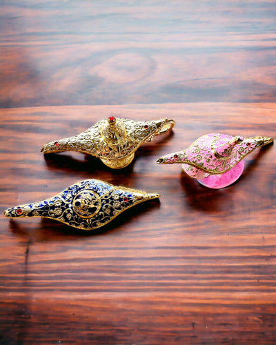 Magische Lamp van Aladdin met Graveeroptie - Donkerblauwe Variant, verweven met goud