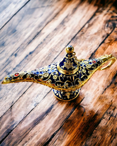 Magische Lamp van Aladdin met Graveeroptie - Donkerblauwe Variant, verweven met goud