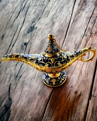 Magische Lamp van Aladdin met Graveeroptie - Donkerblauwe Variant, verweven met goud