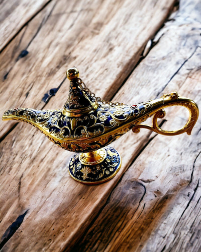 Magische Lamp van Aladdin met Graveeroptie - Donkerblauwe Variant, verweven met goud