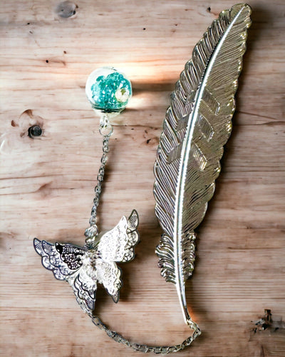 Marque-page Créatif de Style Rétro avec Motif de Plume et Papillon – Cadeau Promotionnel Élégant, Couleur Argent/Bleu