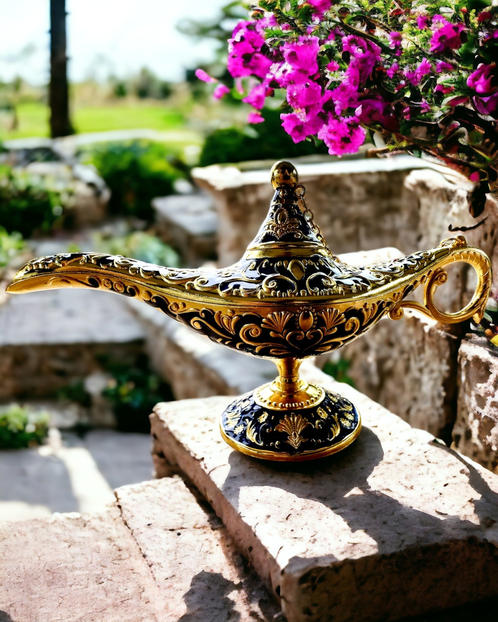 Lampe Magique d'Aladin avec Option de Gravure - Variante Bleu Marine Foncé, entrelacée de doré