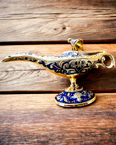 Magische Lamp van Aladdin met Graveeroptie - Donkerblauwe Variant, verweven met goud