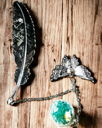 Marque-page Créatif de Style Rétro avec Motif de Plume et Papillon – Cadeau Promotionnel Élégant, Couleur Argent/Bleu