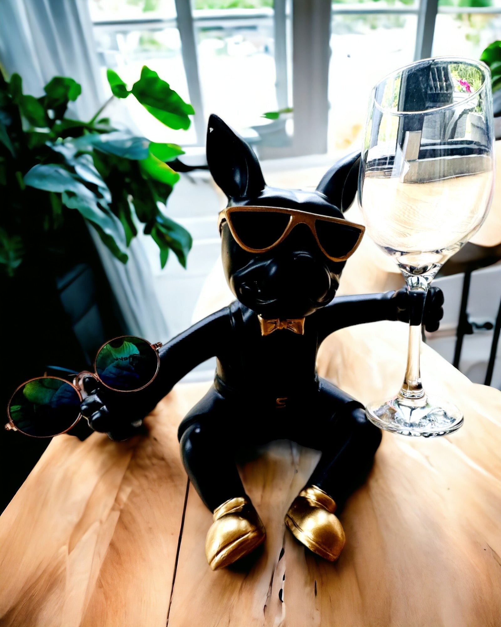 Figurine exclusive "Bulldog élégant", couleur noire, support pour verre à vin ou champagne, personnalisation par gravure