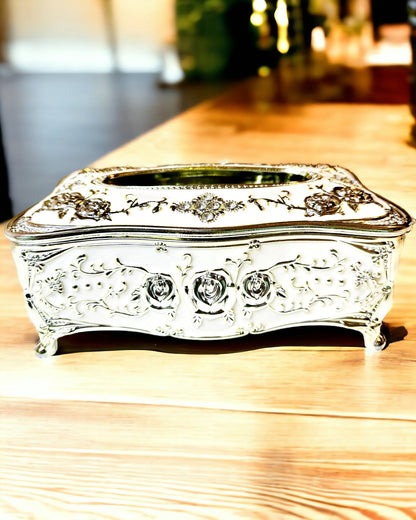 Boîte à Mouchoirs avec Motif en Relief de Rose - Élégant Accessoire pour Intérieurs, blanc