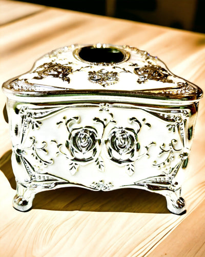 Embossed Rose Pattern Tissue Box - Elegant Interior Accessory, white