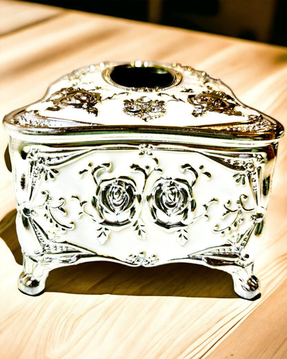 Boîte à Mouchoirs avec Motif en Relief de Rose - Élégant Accessoire pour Intérieurs, blanc