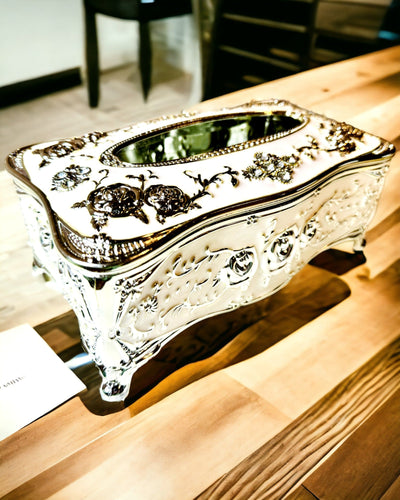 Embossed Rose Pattern Tissue Box - Elegant Interior Accessory, white