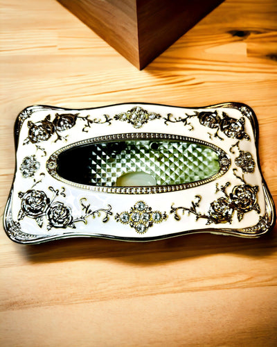 Embossed Rose Pattern Tissue Box - Elegant Interior Accessory, white