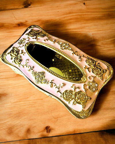 Boîte à Mouchoirs Rose Élégante avec Roses Gaufrées – Accent Luxueux pour Salon, Hôtel ou Club