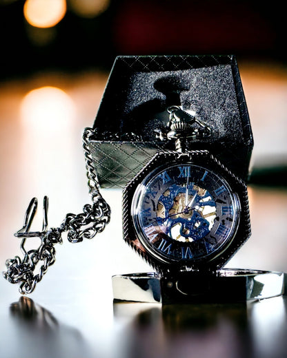 Klassiek Achtkantig Mechanisch Zakhorloge Steampunk in Zwart, Gravure