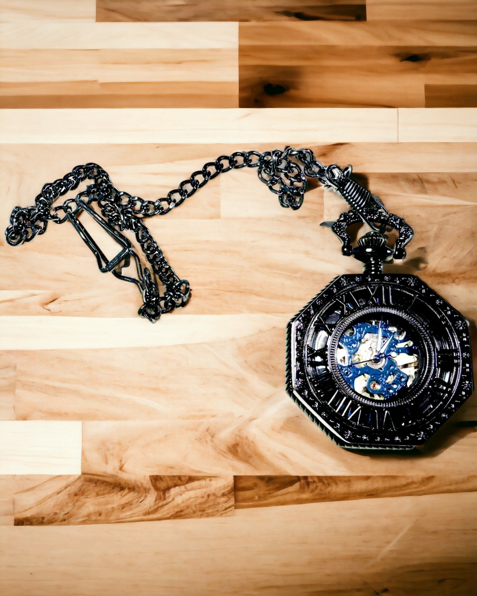 Klassiek Achtkantig Mechanisch Zakhorloge Steampunk in Zwart, Gravure