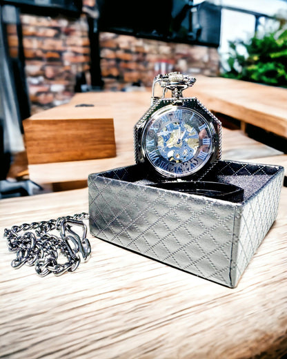Klassiek Achtkantig Mechanisch Zakhorloge Steampunk in Zwart, Gravure