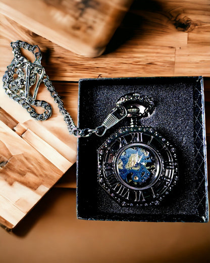 Klassiek Achtkantig Mechanisch Zakhorloge Steampunk in Zwart, Gravure