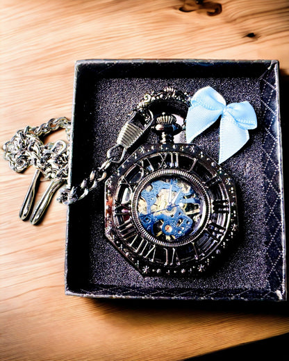 Klassiek Achtkantig Mechanisch Zakhorloge Steampunk in Zwart, Gravure