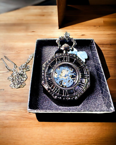 Classic Octagonal Mechanical Steampunk Pocket Watch in Black, Engraving