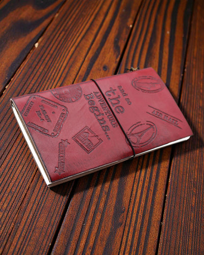 The Adventure Begins – red handmade leather notebook 22 × 12 × 1,5 cm, 80 pages