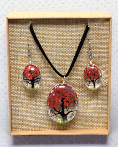 Coral Garden – Coral Jewelry Set with Dried Flowers, Tree of Life