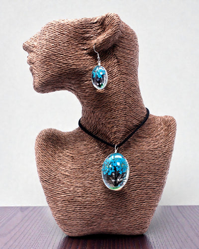 Meeresbrise – Blaugrünes Schmuckset mit getrockneten Blumen Baum des Lebens