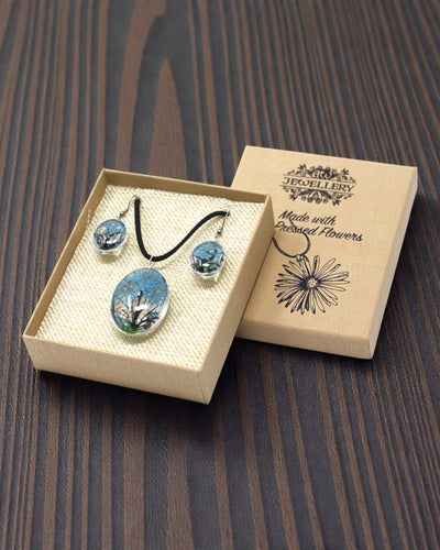 Meeresbrise – Blaugrünes Schmuckset mit getrockneten Blumen Baum des Lebens