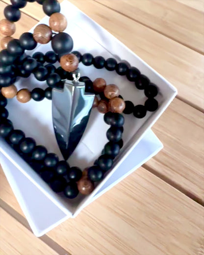 Strzała Mocy – Ketting met Zwarte Obsidiaan en Houten Kralen, personalisatie met gravure als cadeau
